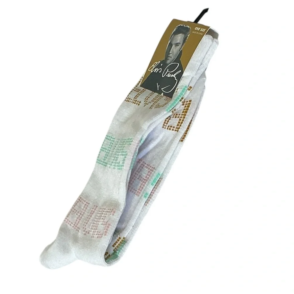 Elvis King of Rock Crew Socks Novelty White  Unisex One Size 7-12